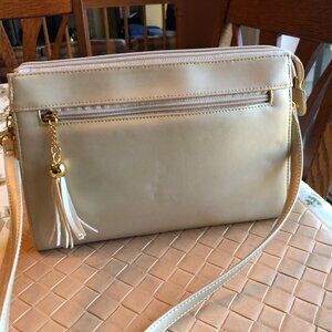 Laura Gayle Leather Shoulder Handbag Crossbody Gold Tone Hardware Pearl White